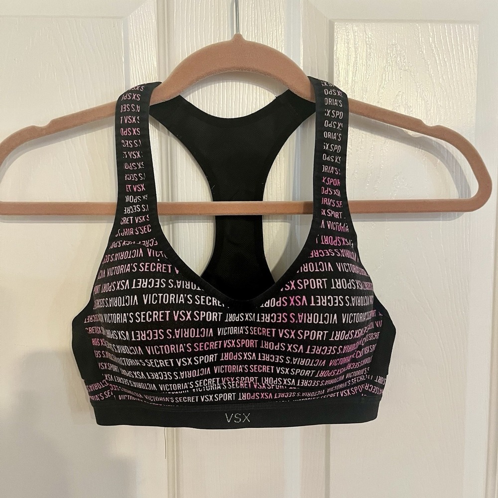 Victoria's Secret VSX Sports Bra 32B Black Pink Logo Athletic Racerback Workout - Picture 2 of 14